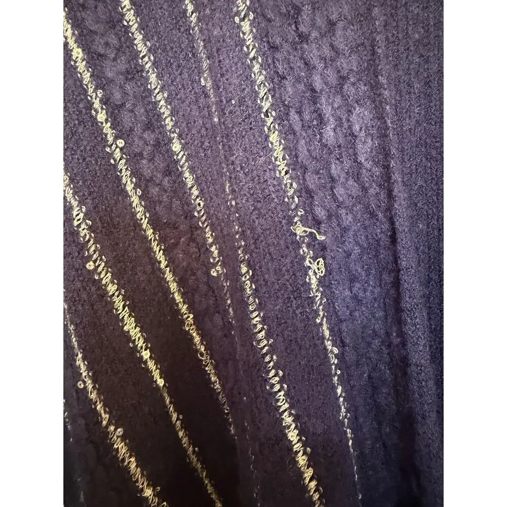 Bon Worth Cozy Boho Deep Blue W/ Silver Metallic Striped Poncho W/ Fringe